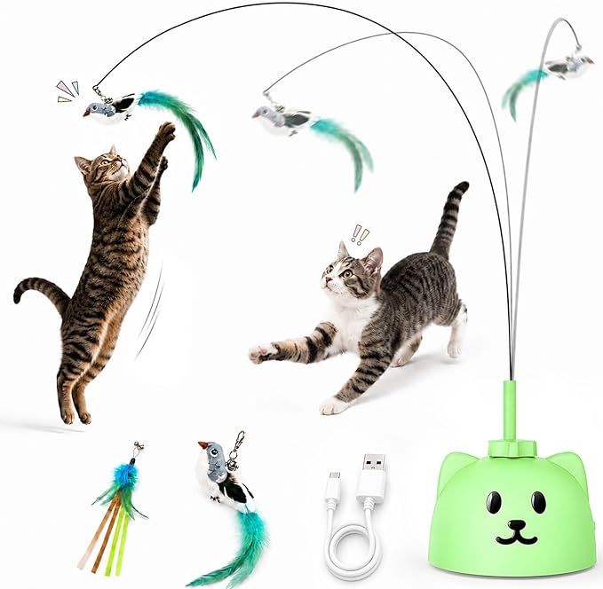 Interactive Cat Toys for Indoor Cats: Upgraded 360° Automatic Spin Flying Bird Feather Wand with Silicone Protected Rod Safe Play, Strong 8cm Suction Cup, USB-Rechargeable for Bored Kittens and Adult