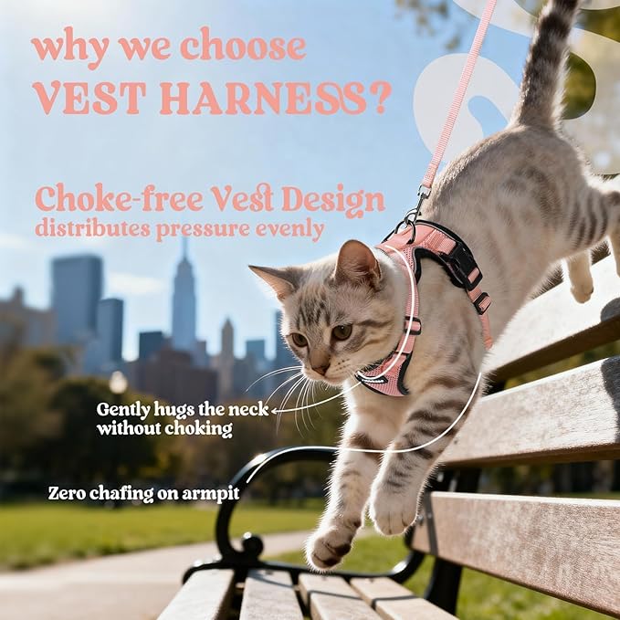 rabbitgoo Cat Harness and Leash Set, Escape Proof Vest Harness for Safe Outdoor Walks, Soft Breathable Adjustable Vest with Reflective Strips for Average to Large Cats, Light Salmon Pink, M