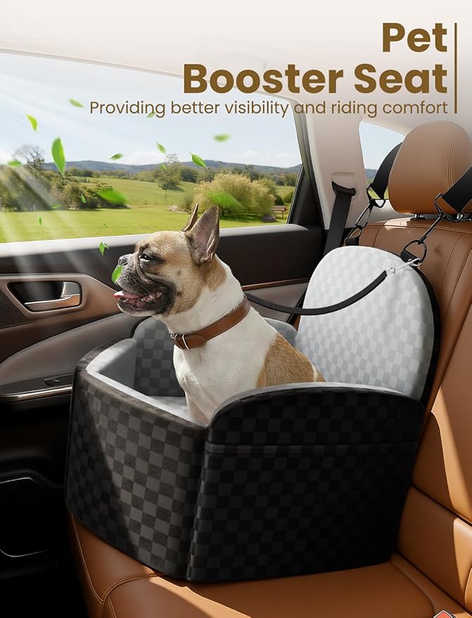 Dog Car Seat for Small/Medium Dogs, Elevated Dog Booster Seat with Memory Foam Cushion for Dogs Under 35lbs, Detachable Washable Pet Car Seats with Storage Pockets & 2 Safety Belts (Grey)