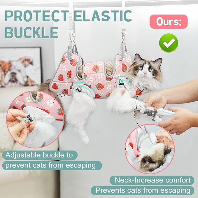 Supet Cat Grooming Hammock Harness for Nail Trimming, Cat Grooming Hanging Sling for Nail Clipping, Pet Restraint Holder for Cutting Nails, Medicine, Ear & Teeth Cleaning, Eye Care (Strawberry M-2)