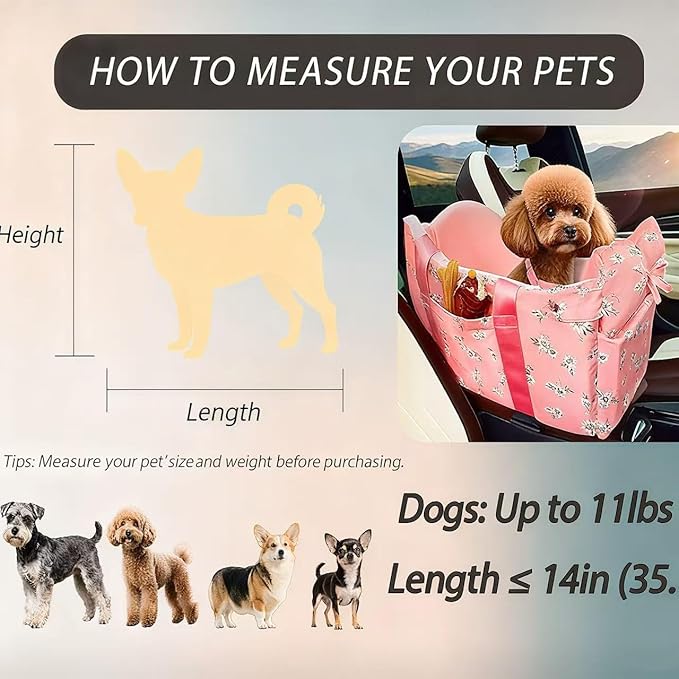 Console Dog Car Seat - Portable Dogs Armrest Booster Seat for Small Dog, Anti-Collapse Pet Car Seat with Soft Cushion Safety Belt, Support Pet Up to 11lbs (Pink Daisy)