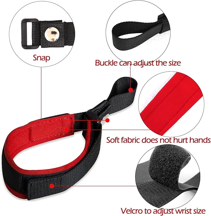 Hands Free Adjustable Wrist Strap, Soft Comfortable Diving Fabric Safety Strap for Retractable Dog Leash (Black & Red, 2 Pack)