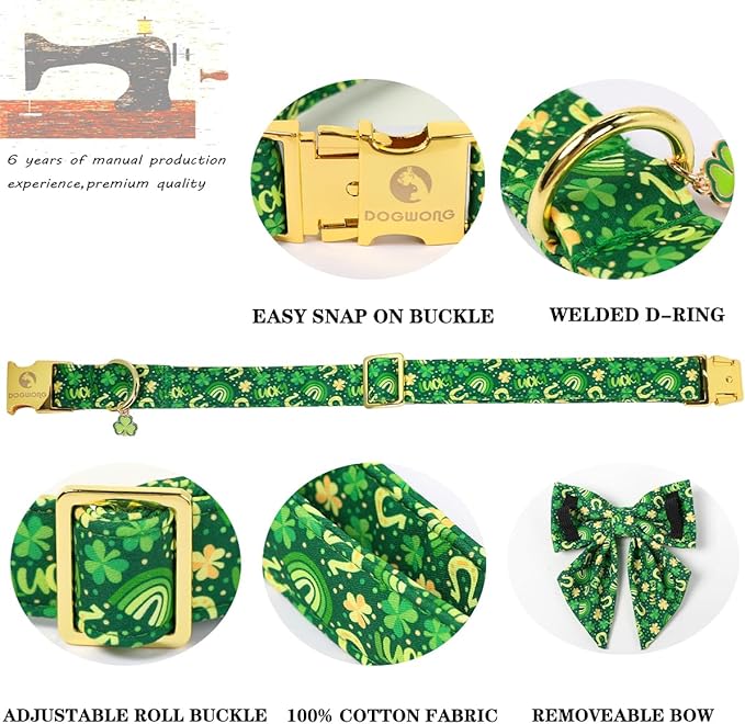 DOGWONG St. Patrick's Day Dog Collar with Sailor Bow Tie- Lucky Shamrock Bowtie Collar for Girl Boy Dog, Trefoil Dogs Collars Durable Adjustable, L
