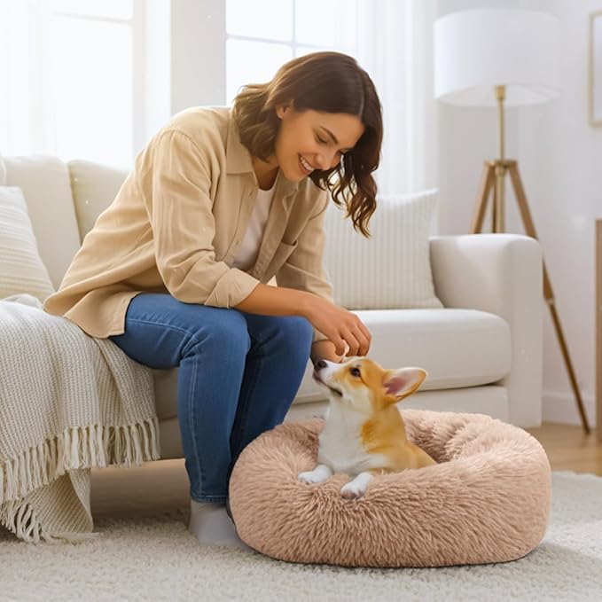 Calming Donut Dog and Cat Bed for Indoor Cats, Anti-Anxiety Round Fluffy Soft Washable Small Medium Pet Bed for Puppy & Kitten, Warming Comfortable Luxury Anti-Slip Waterproof Mute Base 24in (Camel)