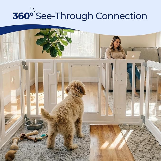 Clear Acrylic Dog Playpen with Door, Transparent Puppy Playpen for Small and Medium Puppies, Easy Assemble Pet Fence Indoor with Safety Lock (White, 35 x 35 x 22.4 Inch)