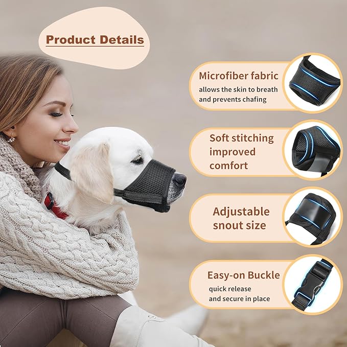 HEELE Dog Muzzle,Soft Nylon Muzzle Anti Biting Barking Chewing,Air Mesh Breathable Drinkable Adjustable Loop Pets Muzzle for Small Medium Large Dogs 4 Colors 4 Sizes (Black, XS)