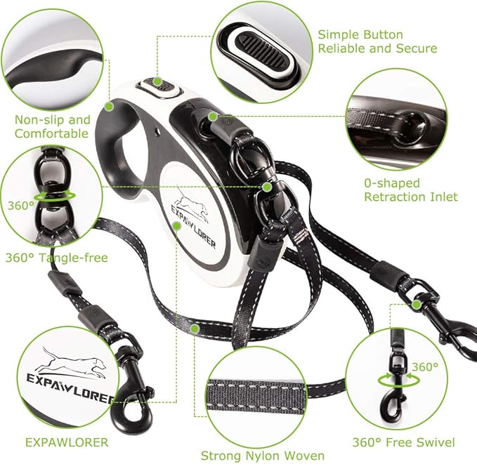 EXPAWLORER Dual Retractable Dog Leash - Double-Head Lockable Extendable Pet Leash - 16FT Reflective Nylon Ribbon - 360 Tangle-Free for Two Dogs Walking Training