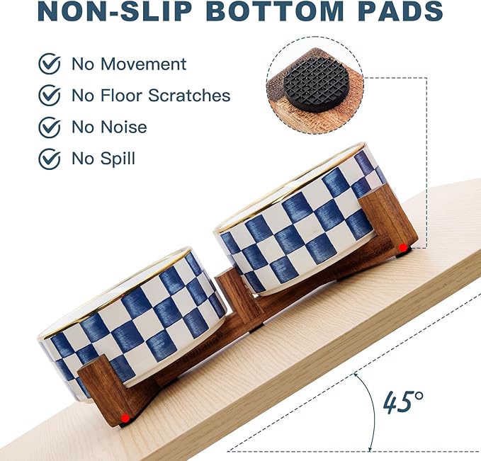 Ceramic Dog Bowls for Medium Dogs, 3.5 Cups Checkered Dog Food and Water Bowl with Acacia Wood Stand, Non-Slip Anti-Tip Elevated Feeding Station, Blue and White