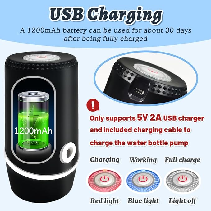 Water Dispenser for 5 Gallon Bottle, Electric Water Pump for 5 Gallon Jug with Switch and USB Charging, Portable Automatic Water Jug Dispenser for Camping, Travel, Home, Kitchen, Office