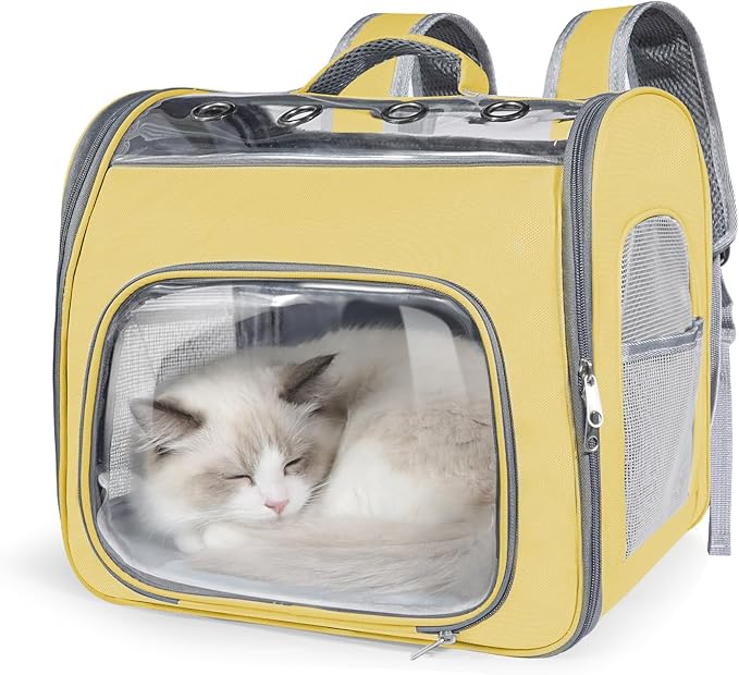 Cat Soft-Sided Carrier Backpack, Breathable Mesh Foldable Pet Travel Carrier with Reinforced Support, Portable Puppy Carrying for Kitty Up to 15lbs (Yellow)