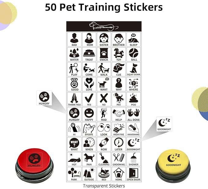 Dog Talking Buttons for Communication, 8 Color 30s Voice Recordable Training Buzzers with 50 Stickers, Multi-Use Pet Speech Buttons for Home/Office/Study, for Pet Owners