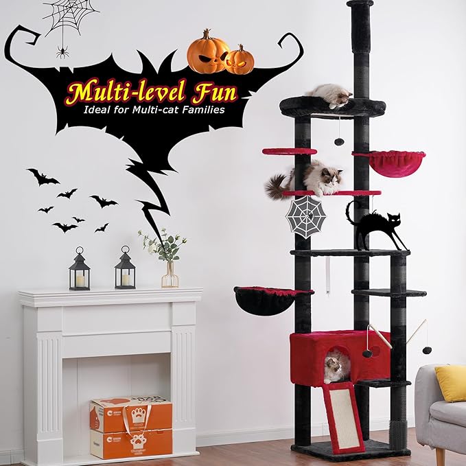 Hey-brother Gothic Cat Tree, 98.4-110.2 Inches Floor to Ceiling Cat Tree-Adjustable Height, Tall Cat Climbing Tower for Cats Large Adult with Scratching Post, Cat cando, Black and Red 0MPJ091BR