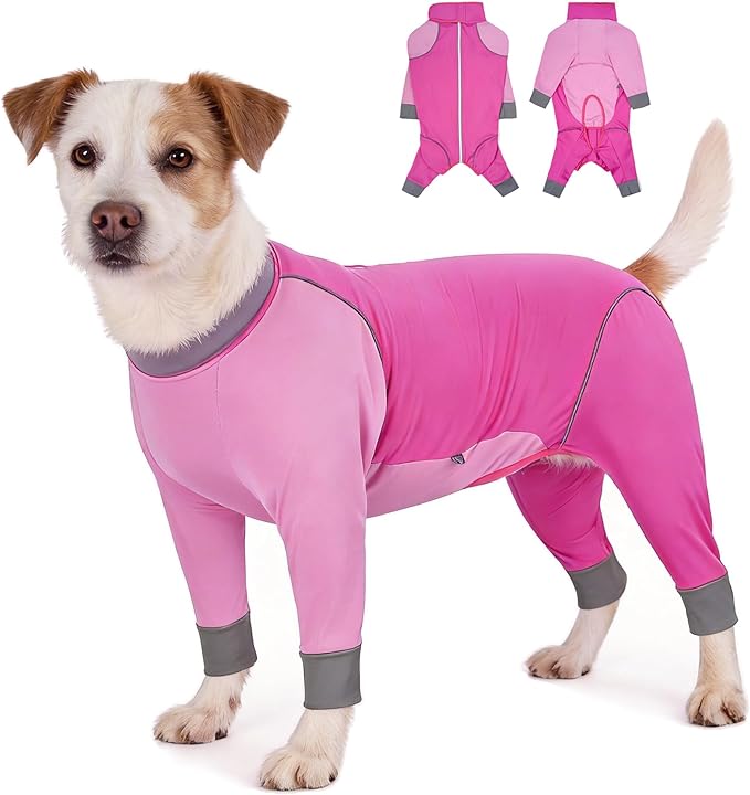 Dog Onesie Coat - Water-Repellent & Stretchable, Dirt-Resistant Outdoor Puppy Suit with Reflective Strips | Controls Shedding | for Small, Medium, Large Dogs (Fuchsia Pink, XL(Weight 15-30 lbs))