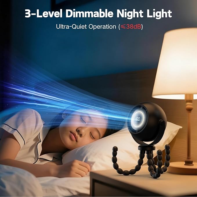 Portable Stroller Fan - Pinch-Proof, 4000mAh Rechargeable LED Display, 3-Speed & 3-Level Night Light, 360° Adjustable, Flexible Tripod for Car Seat, Stroller, Pet Cart, Camping & Travel