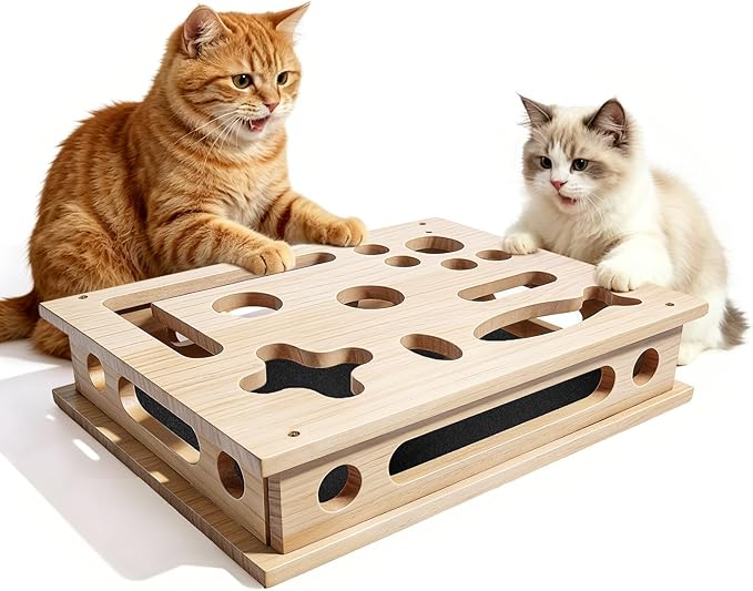 Cat Scratch Puzzle Enrichment Box, Cat Nail File Scratcher Toy Box with Sandpaper Inside, Help Reduce Stress for Trimming Nails, Wooden Claw Care Saver Box for Indoor Cats of All Breeds & Ages
