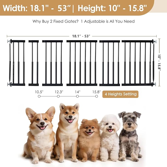 10''-15.8'' Height Adjustable Dog Gate, Extra Wide 18.1"-53" All Metal Short Dog Gate to Step Over, Pressure Mount Small Pet Puppy Gate for Stairs & Doorways(Black)