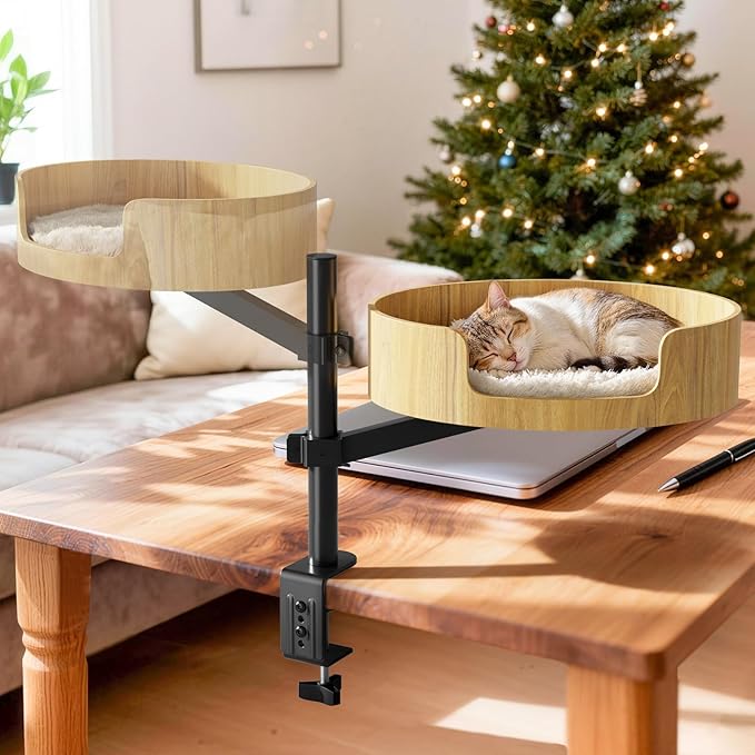 Cat Desk Bed for Indoor Cats, 360° Rotating & Adjustable Cat Bed for Desk, Heavy-Duty Metal Desk Cat Bed with Secure Clamp, Space-Saving Desk Cat Bed for Office Desk & Gaming Table,Detachable.