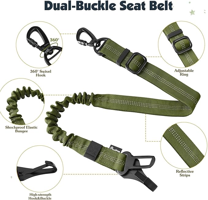Pawaboo Dog Seat Belt Harness for Car, Dog Car Harness Seatbelt with Double Clips, Adjustable Breathable Pet Vest & Dogs Safety Tether with Elastic Bungee for Small Medium Large Pet, L, Green + Black