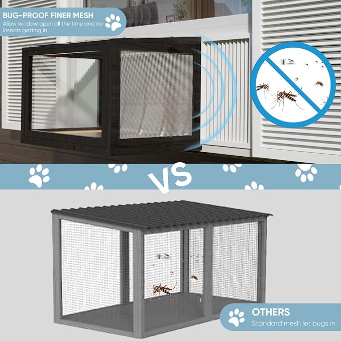 FunXplore Cat Window Box Weatherproof Catio Outdoor Cat Enclosure Perch with Bug-Proof Wire Grid Fits Double Hung Frames 25.4" to 43.3" Wide Sunbathing Napping Overlooking