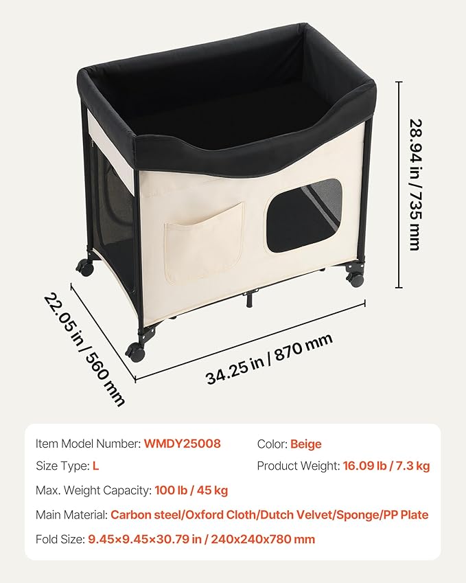 VEVOR Bedside Lounge Pet Bed, Foldable Bunk Dog Bed with 600D Oxford Cloth and Dutch Velvet, Portable Raised Cot with Wheels, Side Storage Bags, and Carry Bag for Cats & Dogs, L, Beige
