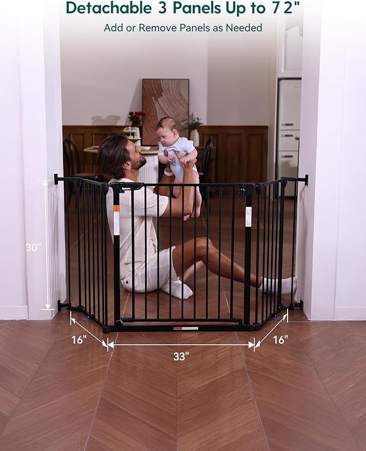 Babelio 72" Extra Wide Baby Gate, 30” Tall Auto Close Dog Fence for Stairs Kitchen Doorways Fireplace, Hardware Mounted Pet Gate Indoor, Foldable 3 Metal Panels, AdaptiZone Series, Black