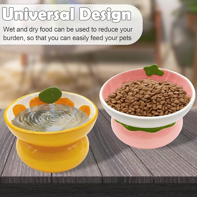 Hamiledyi Ceramic Raised Cat Bowls 15° Tilted Elevated Kitten Food Water Bowl Shallow Whisker Fatigue Kitty Dish Fruit Pet Feeding Bowls Feeder for Indoor Cats Small Dog (Yellow Orange)