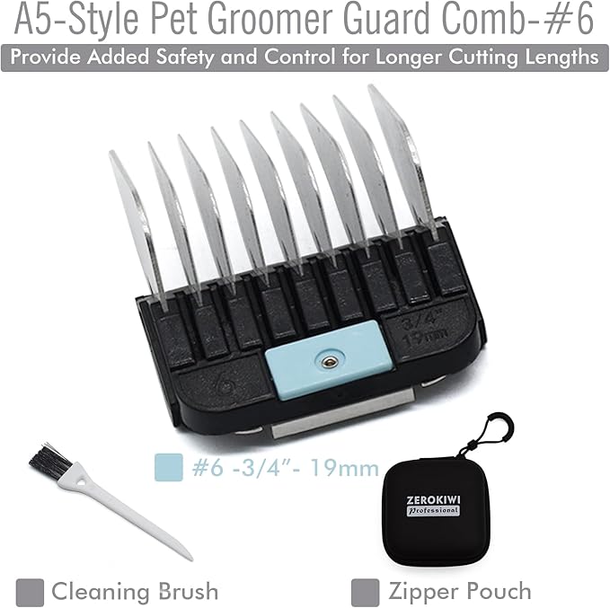 Professional A5-Style Animal Clipper Stainless Steel Color-Coded Snap-on Attachment Guard Guide Comb, 1/8"-1" Compatible with Wahl KM Series Oster A5 Andis Detachable Blade Pet Dog Groomers (#6-3/4")