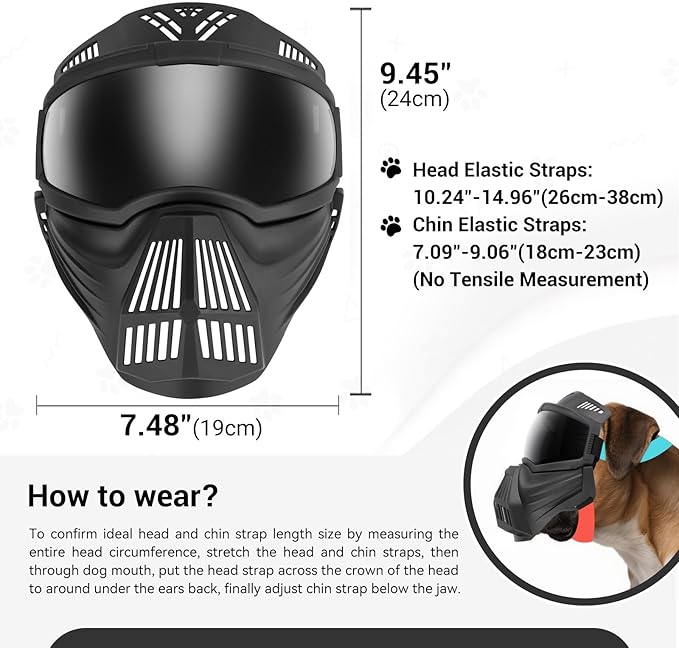 Dog Goggles Large Breed, Anti-UV Dog Sunglasses for Full Face Protection, Pet Mask with Breathable Holes for Outdoor Camping Hiking Hunting, Adjustable, Black