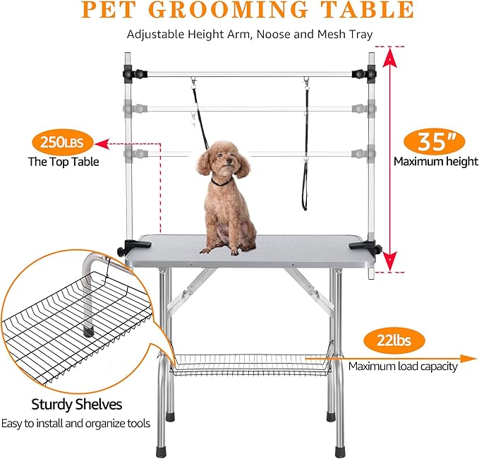 Professional Dog Pet Grooming Table Adjustable Heavy Duty Portable w/Arm & Noose & Mesh Tray (Grey, 42")