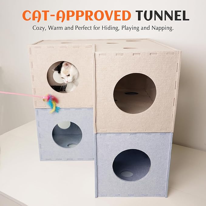 PETKARAY Cat Tunnel, Original Cat Hideaway Cave for Indoor Cats, Large Kitten Play Tubes and Tunnels, Soft Felt Cat Toy with Interactive Peek Hole, Grey L Shape