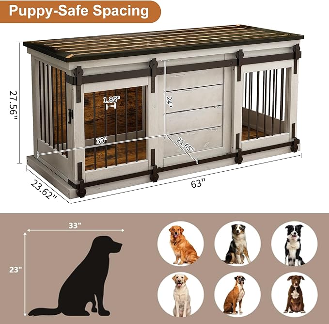62" Farmhouse Dog Crate Furniture for 2 Large Dogs, Heavy Duty Solid Wood Indoor Dog Kennel with Removable Divider, Sliding Door, Double Dog Crate TV Stand, Vintage Industrial Style