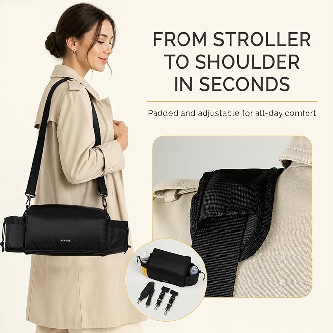 VERAVIE One Hand Stroller Caddy Organizer, Universal Cup Holder & Phone Holder for Stroller, Double Stroller Organizer, Magnetic Closure, Detachable Shoulder Strap, Wonderfold Wagon & Pet Stroller