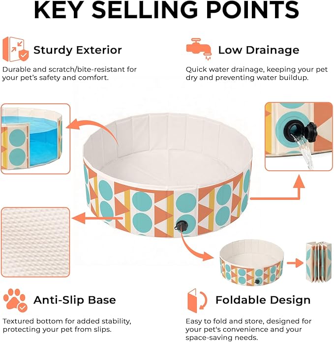 furrybaby Dog Pool for Large Dogs, Foldable Hard Plastic Pet Swimming Pool, Heavy Duty 0.5mm PVC with Non-Slip Bottom, Portable Kiddie Pool for Dogs, Pet Bath Tub for Backyard Summer, Bohemia 63“