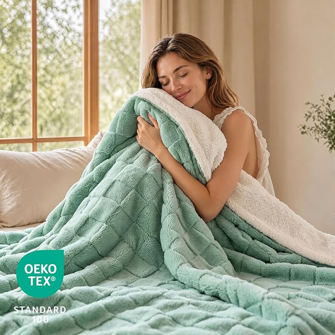 Luciphia Waterproof Dog Blanket, Leakproof Large Pet Blanket for Couch Sofa Bed Furniture Cover Protector, Washable Soft Sherpa Fleece with 3D Jacquard, Cozy Calming Reversible,Sage Green, 85"x57"