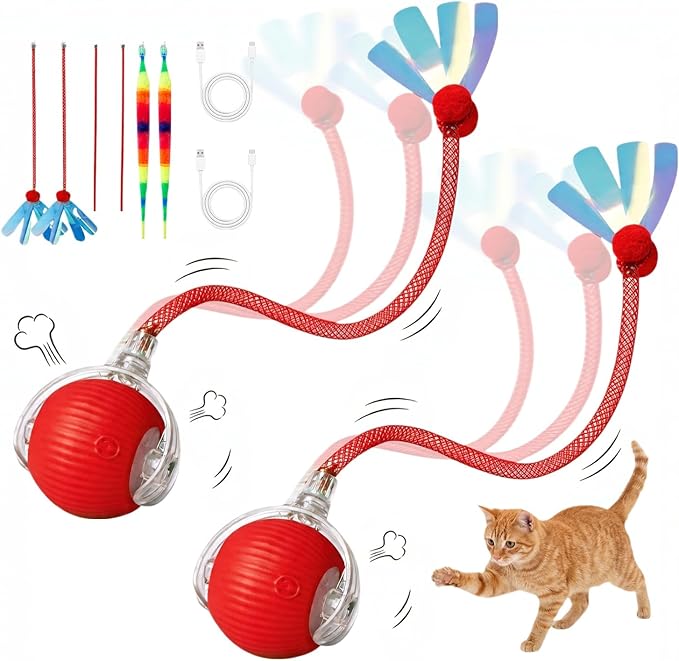 Rechargeable Smart Rolling Cat Ball, Automatic Interactive Cat Toy with 3 Modes, LED Light & 3 Replaceable Accessories, Indoor Cat Exercise Toy for Kittens & Adult Cats, for Boredom Relief red+red