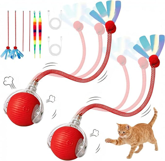 Rechargeable Smart Rolling Cat Ball, Automatic Interactive Cat Toy with 3 Modes, LED Light & 3 Replaceable Accessories, Indoor Cat Exercise Toy for Kittens & Adult Cats, for Boredom Relief red+red