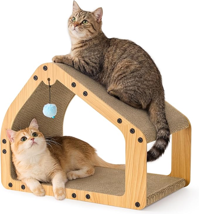 ZOMISIA 20'' Cardboard Cat Scratcher House - Large Cat Scratching Board with Balls, Cat Lounger as Tunnel for Indoor Cats and Kittens, Safe & Secure, Brown