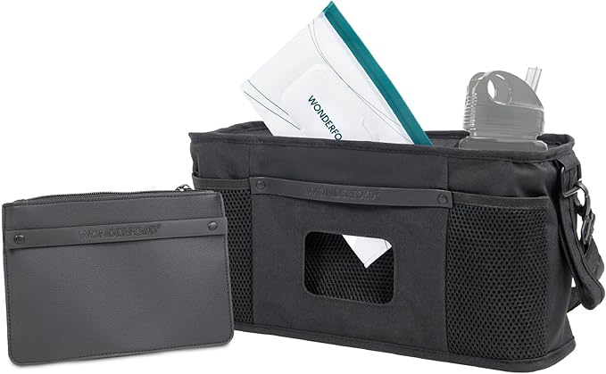 WONDERFOLD Universal Parent Console Stroller Organizer with Insulated Cup Holders, Hook & Loop Closure Handle Attachment, 2 Storage Pockets, Removable Shoulder Strap for Easy Transport