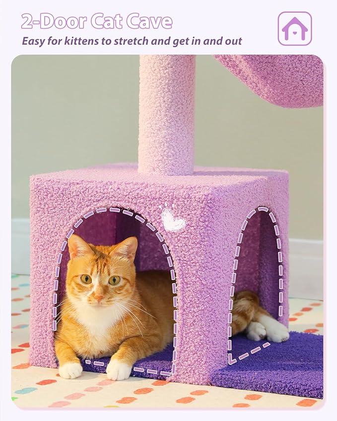 MUTTROS Purple Flower Cat Tree for Small Indoor Cats w/Large Metal Frame Hammock, 35" Cute Cat Tower with Sisal Scratching Posts, Cozy Condo with Cloud White Bed for Kittens