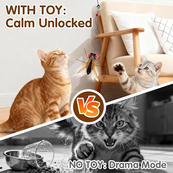 Walfront Cat Toys for Indoor Cats— Realistic Insect Wand with Replaceable Bee & Fly Heads, Flexible Steel Rod, Indoor Cat Toy for Kittens & Adult Cats, Boredom Relief & Bonding Play