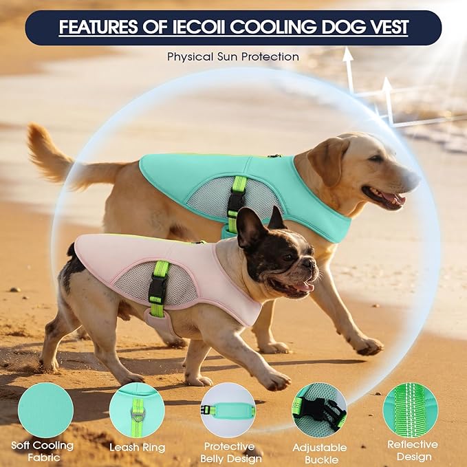 IECOii Dog Cooling Vest with Leash Ring for Summer, Reflective Breathable Dog Cooler Shirt, Adjustable Cooling Jacket Pet Outdoor Harness for Walking, Hiking, Beach, Turquoise, Size M