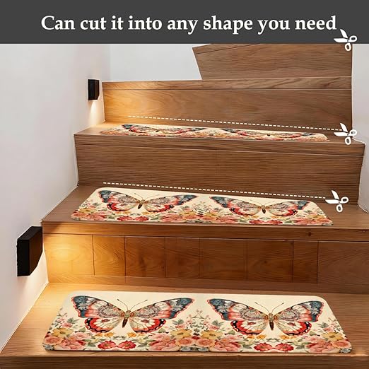 Animal Butterfly Flower Colorful Stair Treads for Wooden Steps Indoor Washable Staircase Carpet 1PCS 30"x7.8" Stair Step Treads Non-Slip Staircase Covers Peel Stick Safety Mat for Kids Elders Pets