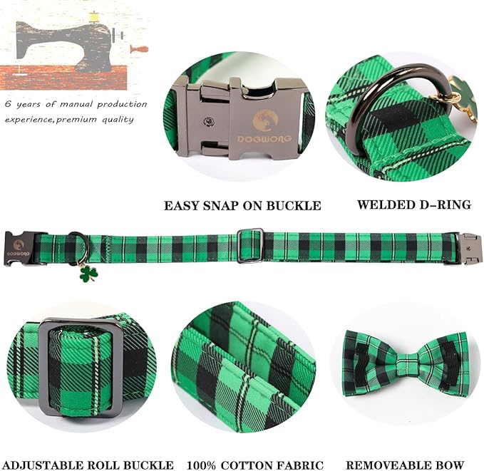 DOGWONG St. Patrick's Day Dog Collar with Bowtie, Green Plaid Bowtie Dog Collar for Small Medium Large Dogs,M