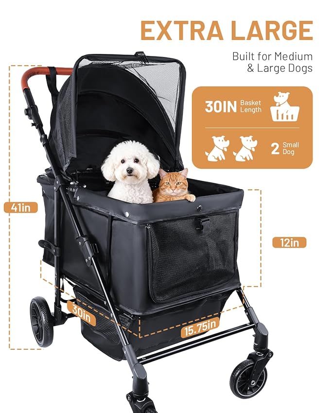 Dog Stroller for Large & Medium Dogs (Up to 66lbs), Pet Stroller for 2 Small Dogs with Adjustable Handle & Canopy, Sun Shades, Storage Organizer, Foldable & Ventilated,Black