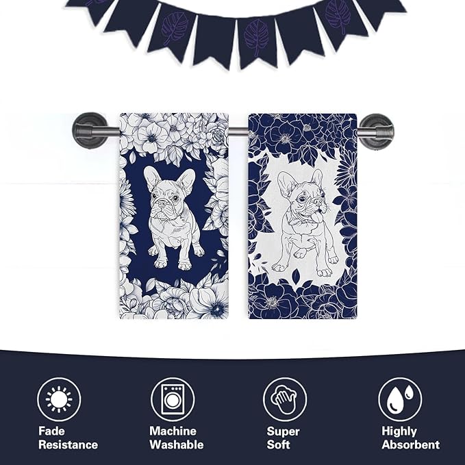Chinoiserie French Bulldog Flower Kitchen Dish Towels Set of 2, Retro Blue White Grandmillennial Dog Floral Drying Hand Towel Baking Cooking Cloth, Vintage Pet Bathroom Home Decoration 18''x26''