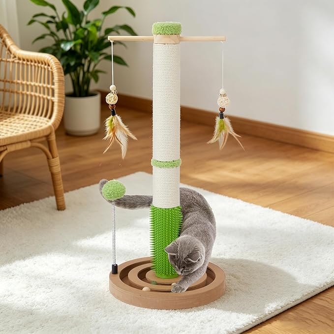 Cat Scratching Post, 26 Inch Tall Scratching Posts for Indoor Small Cats and Kittens, Sisal Cat Scratch Post with Hanging Toys, Rubber Brush and Double-Layer Interactive Wooden Ball Track