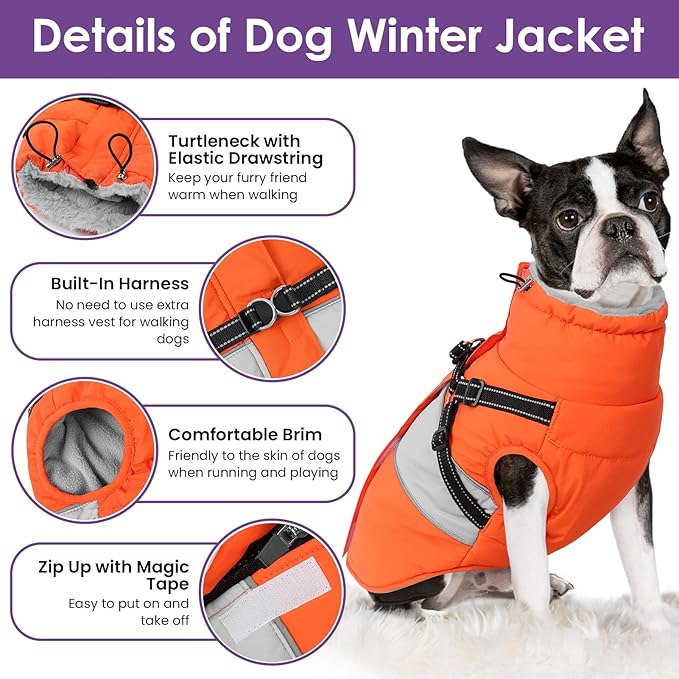 Dog Jacket, Large Dog Coat with Harness Built in, Warm Pet Winter Jacket Zippered Snow Coat with Furry Collar, Waterproof Fleece Snowsuit for French Bulldog, Orange L