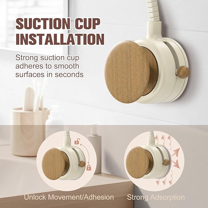 Hands Free Hair Dryer Holder Wall Mount, 360° Rotating Adjustable Height Suction Cup Blow Dryer Holder, No Drill Installation, Damage-Free Wall, with Cord Storage for Most Hair Dryers（Cream）