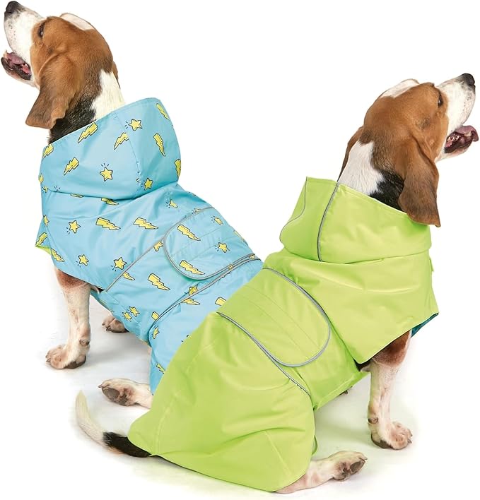 Kimee Dog Raincoat Reversible, Single Side Slicker Poncho Adjustable Waterproof Dog Rain Jacket with Leash Hole/Reflective Stripe Hooded Snowproof Windproof Clothes for Medium to 2X Large Dogs, L