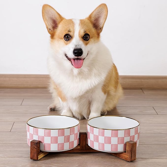 Ceramic Dog Bowls for Medium Dogs, 3.5 Cups Checkered Dog Food and Water Bowl with Acacia Wood Stand, Non-Slip Anti-Tip Elevated Feeding Station, Black and White